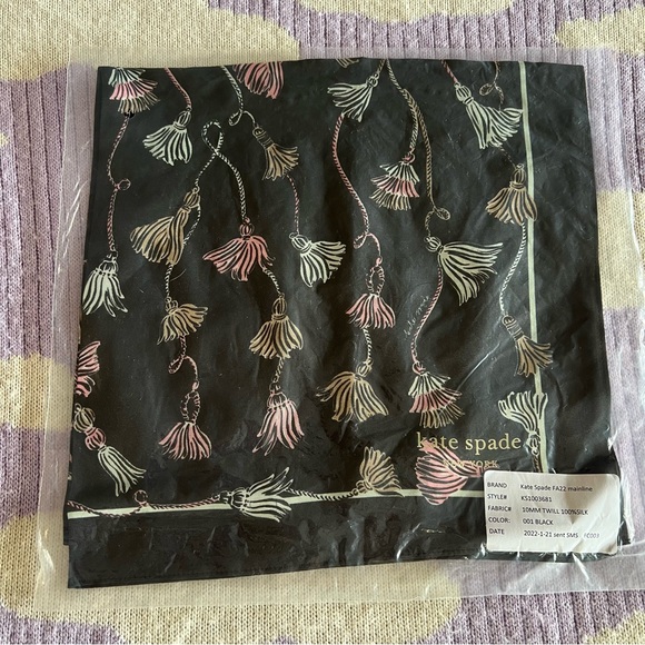 NWT Kate Spade 100% Silk Black Pink Scarf White Tassel Design KS1003681 - Picture 3 of 7